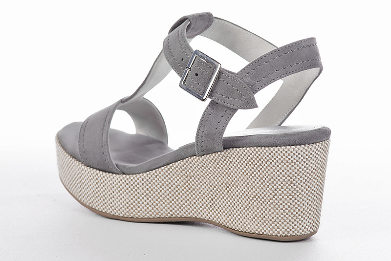 Pebble grey women's fully open sandals, with an instep strap. Round toe. Medium wedge soles. Rear view - Florence KOOIJMAN
